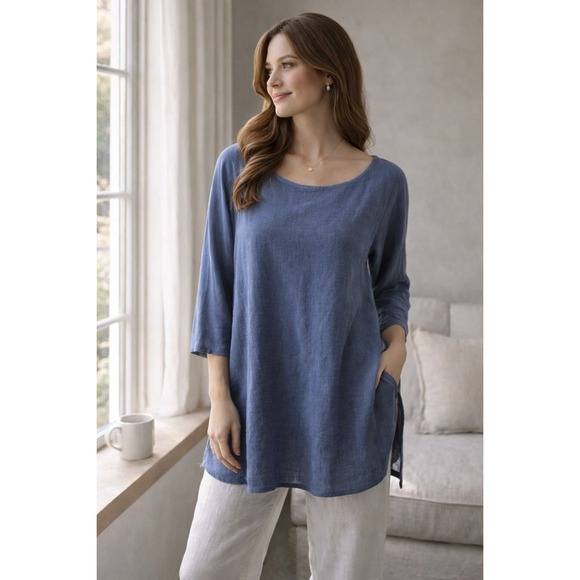 Eileen Fisher Tops - Eileen Fisher Organic Linen Tunic Top Women's M Blue Boat Neck‎ Lagenlook